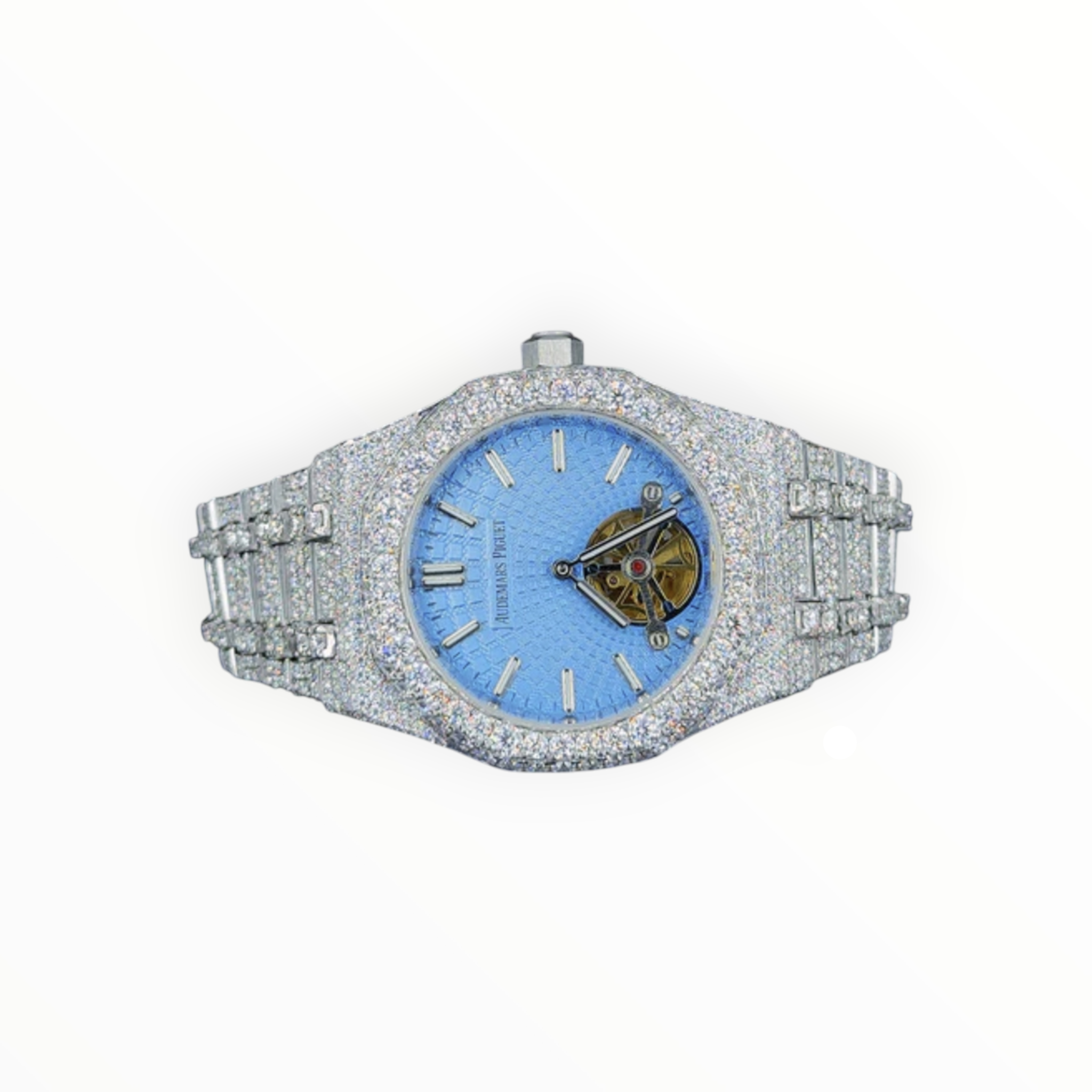 Full White With Blue Skeleton Dial VVS Moissanite Diamond Watch