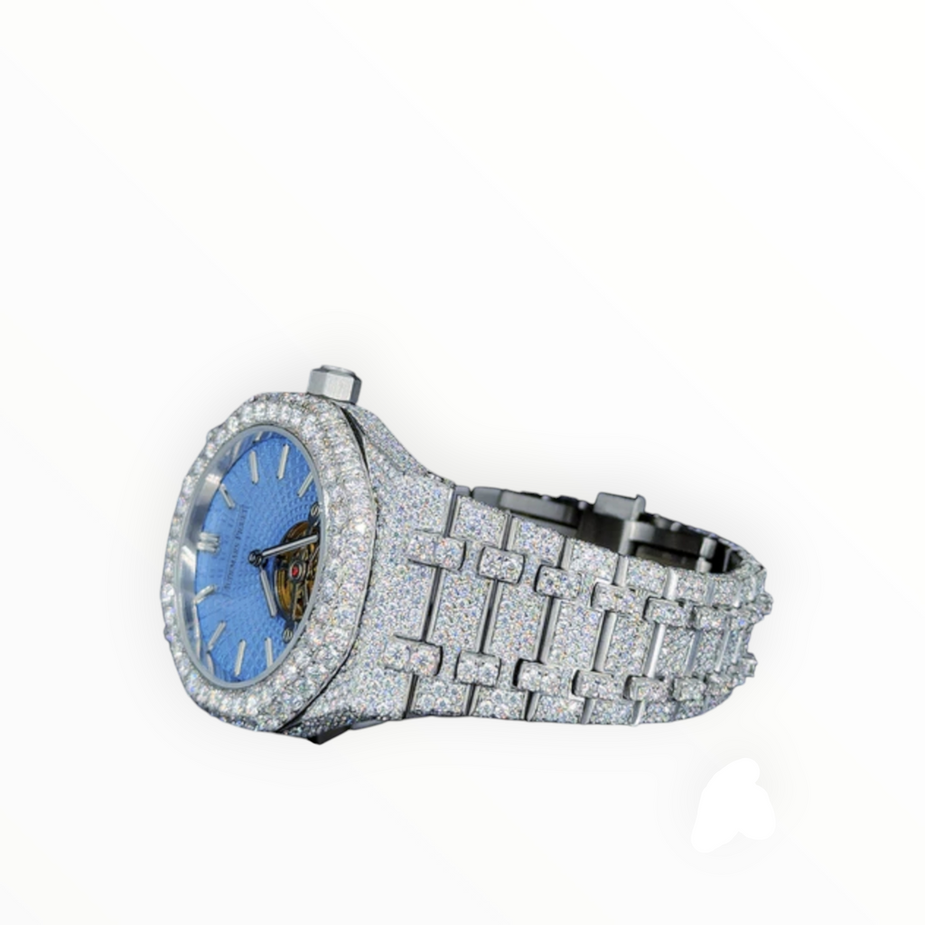 Full White With Blue Skeleton Dial VVS Moissanite Diamond Watch