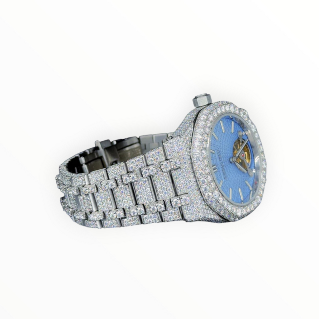 Full White With Blue Skeleton Dial VVS Moissanite Diamond Watch