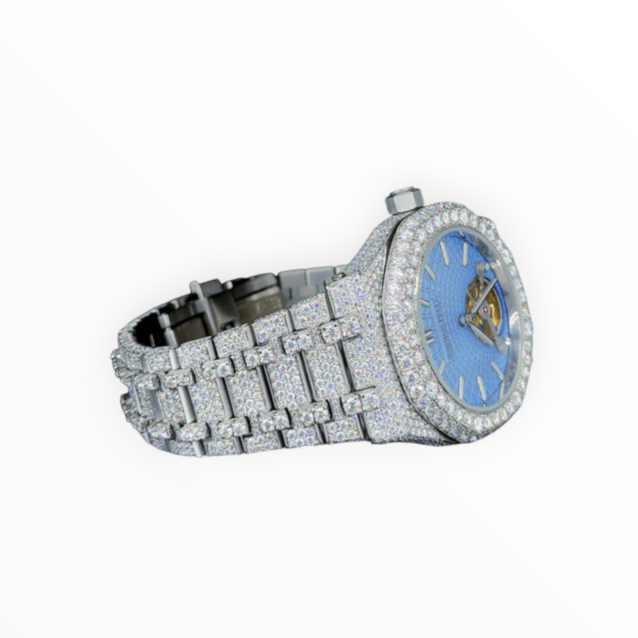 Full White With Blue Skeleton Dial VVS Moissanite Diamond Watch